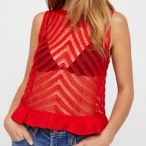 Free People Red Sheer Lace Blouse
